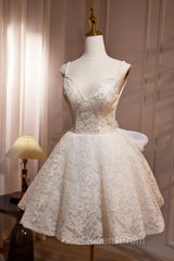 Light Champagne V-Neck Lace Short Evening Prom Dress, A-Line Spaghetti Straps Backless Party Dress With Bow