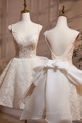 Light Champagne V-Neck Lace Short Evening Prom Dress, A-Line Spaghetti Straps Backless Party Dress With Bow