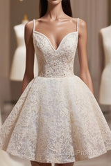 Light Champagne V-Neck Lace Short Evening Prom Dress, A-Line Spaghetti Straps Backless Party Dress With Bow