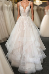 Light champagne v neck tulle lace long Evening Prom Dress, wedding Dress