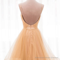Light Champagne V-neckline Layers Straps Shiny Tulle Party Dress, Champagne Evening Gown Formal Dress