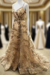 Light Gold Sequin Pattern Evening Prom Dress V Neck Split
