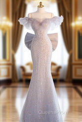 Light Gray Sequins Off the Shoulder Evening Prom Dress