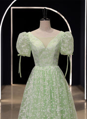 Light Green Floral V-Neckline Short Sleeves Party Dress, A-Line Green Formal Dress