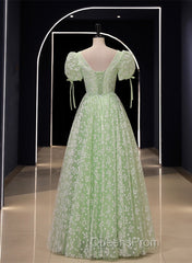 Light Green Floral V-Neckline Short Sleeves Party Dress, A-Line Green Formal Dress