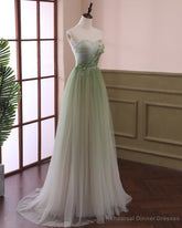 Light Green Gradient Tulle Long Formal Dress, Green Beaded Sweetheart Prom Dresses