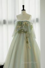 Light Green Scoop Off Shoulder A-Line Tulle Evening Prom Dress, Light Green Evening Dress