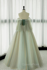 Light Green Scoop Off Shoulder A-Line Tulle Evening Prom Dress, Light Green Evening Dress
