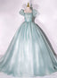Light Green Short Sleeves Long Sweet 16 Dress, Green Scoop Prom Dress