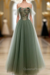 Light Green Sweetheart A-Line Evening Prom Dress, Green Long Party Dress With Lace Applique