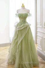 Light Green Sweetheart Beaded Off Shoulder Party Dress, Light Green Tulle Evening Prom Dress