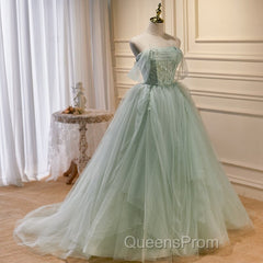 Light Green Tulle Beaded Ball Gown Off Shoulder Party Dress, Green Sweet 16 Dress