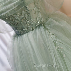 Light Green Tulle Beaded Ball Gown Off Shoulder Party Dress, Green Sweet 16 Dress