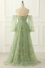 Light Green Tulle Floral Sleeves Long Party Dress, A-Line Light Green Evening Prom Dress