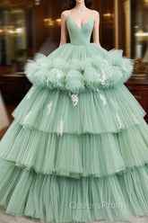 Light Green Tulle Layers Low Back Evening Prom Dress, Light Green Sweet 16 Dress