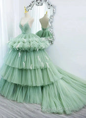 Light Green Tulle Layers Low Back Evening Prom Dress Sweet 16 Dress Quinceanera Dress
