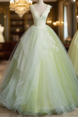 Light Green V-Neckline Tulle Long Party Dress, Light Green Sweet 16 Dress