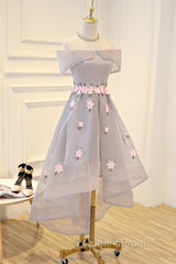 Light Grey Tulle With Flowers High Low Fashionable Party Dress, Grey Homecoming Dress