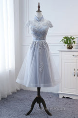 Light Grey Tulle With Lace Short Party Dress Homecoming Dress, Cap Sleeves Formal Dress