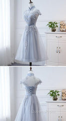 Light Grey Tulle With Lace Short Party Dress Homecoming Dress, Cap Sleeves Formal Dress