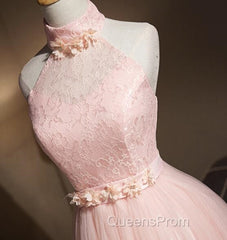 Light Pink Halter Tulle And Lace Lovely Knee Length Formal Dress, Cute Party Dress, Pink Evening Prom Dress