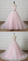 Light Pink Scoop Neck Lace Applique Formal Evening Prom Dress, Beaded Wedding Dress