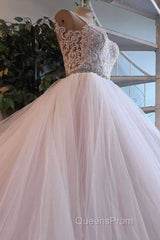 Light Pink Tulle Lace Long Evening Prom Dress, Wedding Dress