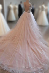 Light Pink Tulle Lace Long Evening Prom Dress, Wedding Dress