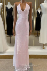 Light Pink V Neck Sheath Sequined Evening Prom Dress Birthday Dress