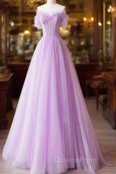 Light Purple A-Line Sweetheart Tulle Formal Dress, Light Purple Long Evening Prom Dress