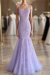 Light Purple Lace Mermaid Evening Prom Dress, Purple Lace Mermaid Formal Evening Dress