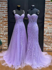 Light Purple Sweetheart Lace Long Evening Gown, Purple Lace Evening Prom Dress