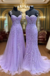 Light Purple Sweetheart Lace Long Evening Gown, Purple Lace Evening Prom Dress