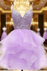 Light Purple Tulle Beaded Short Homecoming Dress, Light Purple Short Evening Prom Dress