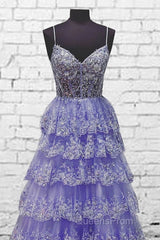 Light Purple V Neck Layered Lace Evening Prom Dress
