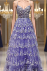 Light Purple V Neck Layered Lace Evening Prom Dress