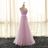 Light Purple V-neckline Long Formal Dress, Tulle Lace Applique Bridesmaid Dress