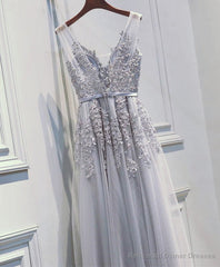 Light Sliver Grey Lace Applique V-neckline Long Party Dress, Light Grey Wedding Party Dress