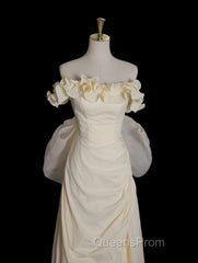 Light Yellow A-Line Satin Off-Shoulder Tulle Long Evening Prom Dress Graduation Evening Prom Dress Wedding Dress