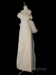 Light Yellow A-Line Satin Off-Shoulder Tulle Long Evening Prom Dress Graduation Evening Prom Dress Wedding Dress