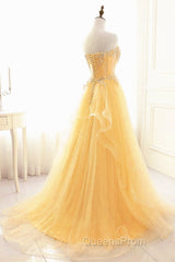 Light Yellow Beaded Tulle Long Party Dress Evening Prom Dress, Yellow Formal Dress