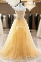 Light Yellow Beaded Tulle Long Party Dress Evening Prom Dress, Yellow Formal Dress