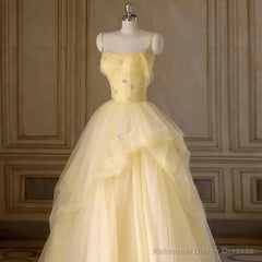 Light Yellow Tulle Long Party Dress Yellow Tulle Prom Dress prom dresses shops
