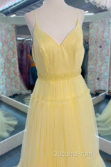 Light Yellow V-Neck Tulle A-Line Long Evening Prom Dress