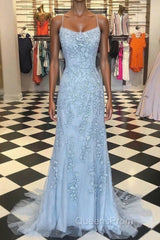 Chic Trumpet Spaghetti Straps With Lace Appliques Light Blue Evening Prom Dress