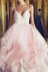 Light Pink Spaghetti Straps Tulle Long Evening Prom Formal Dress, Puffy Party Dress