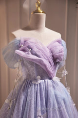 Lightpurple Tulle Off Shoulder Short Evening Prom Dress, Cute A-Line Off Shoulder Homecoming Dress