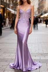 Lilac Floral Classy Mermaid Corset Long Evening Prom Dress