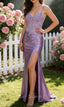 Lilac Mermaid Spaghetti Straps Long Prom Dress with Appliques