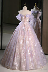 Lilac Off The Shoulder Tulle A Line Prom Dress With Appliques